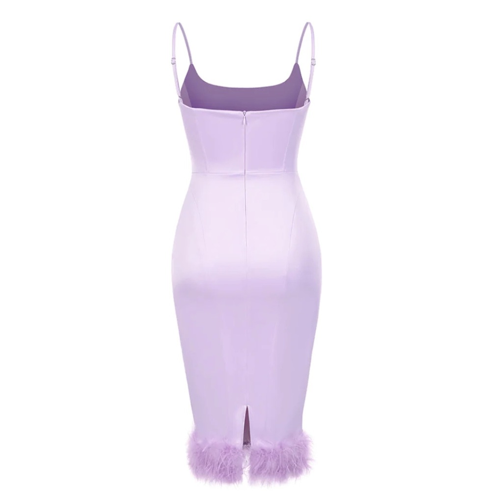 Satin Feather Hem Spaghetti Strap Midi Dress - Picture 2 of 3